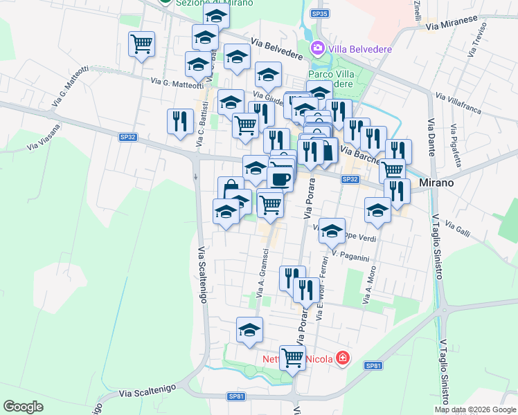 map of restaurants, bars, coffee shops, grocery stores, and more near 16B Via Torino in Mirano