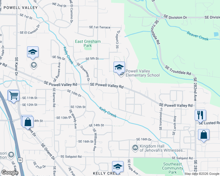 map of restaurants, bars, coffee shops, grocery stores, and more near 4724 Southeast Powell Valley Road in Gresham