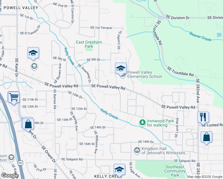 map of restaurants, bars, coffee shops, grocery stores, and more near 4731 Southeast Powell Valley Road in Gresham