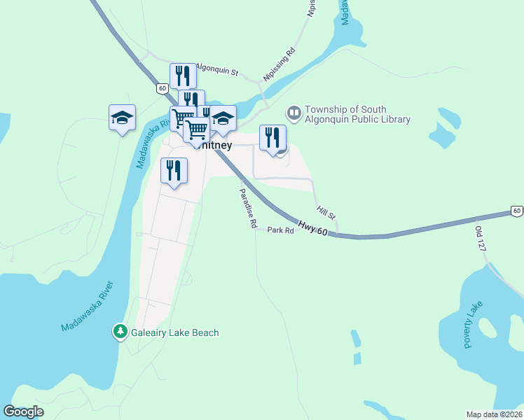 map of restaurants, bars, coffee shops, grocery stores, and more near 105 Hill Street in Whitney