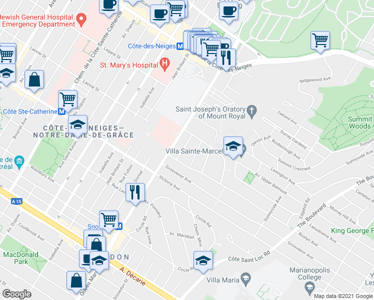 map of restaurants, bars, coffee shops, grocery stores, and more near 4600 Rue Stanley Weir in Montréal