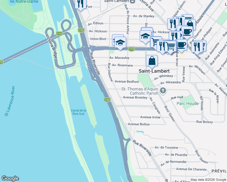 map of restaurants, bars, coffee shops, grocery stores, and more near 45 Avenue Alexandra in Saint-Lambert