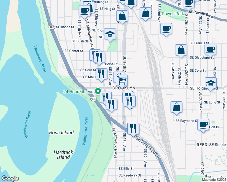 map of restaurants, bars, coffee shops, grocery stores, and more near 1462 Southeast Holgate Boulevard in Portland
