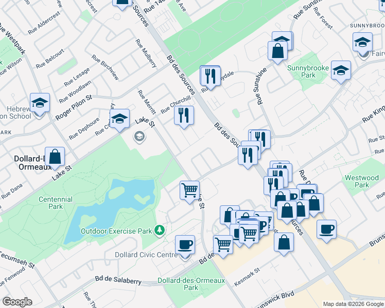 map of restaurants, bars, coffee shops, grocery stores, and more near 131 Rue Lisbonne in Dollard-des-Ormeaux