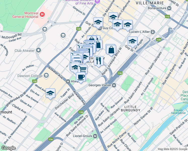 map of restaurants, bars, coffee shops, grocery stores, and more near 1169 Seymour Avenue in Montreal