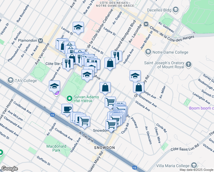 map of restaurants, bars, coffee shops, grocery stores, and more near 5350 Avenue Victoria in Montréal