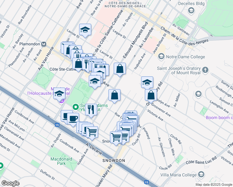 map of restaurants, bars, coffee shops, grocery stores, and more near 5350 Avenue Victoria in Montréal