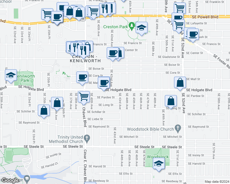 map of restaurants, bars, coffee shops, grocery stores, and more near 4222 Southeast Holgate Boulevard in Portland