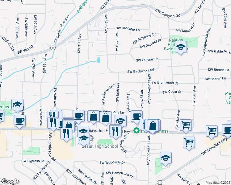 map of restaurants, bars, coffee shops, grocery stores, and more near 4165 Southwest 86th Avenue in Portland