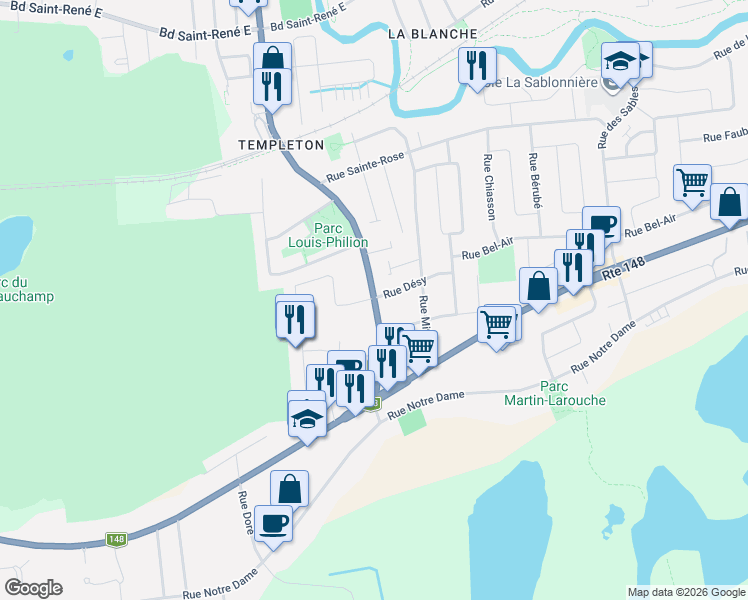 map of restaurants, bars, coffee shops, grocery stores, and more near 37 Boulevard Lorrain in Gatineau