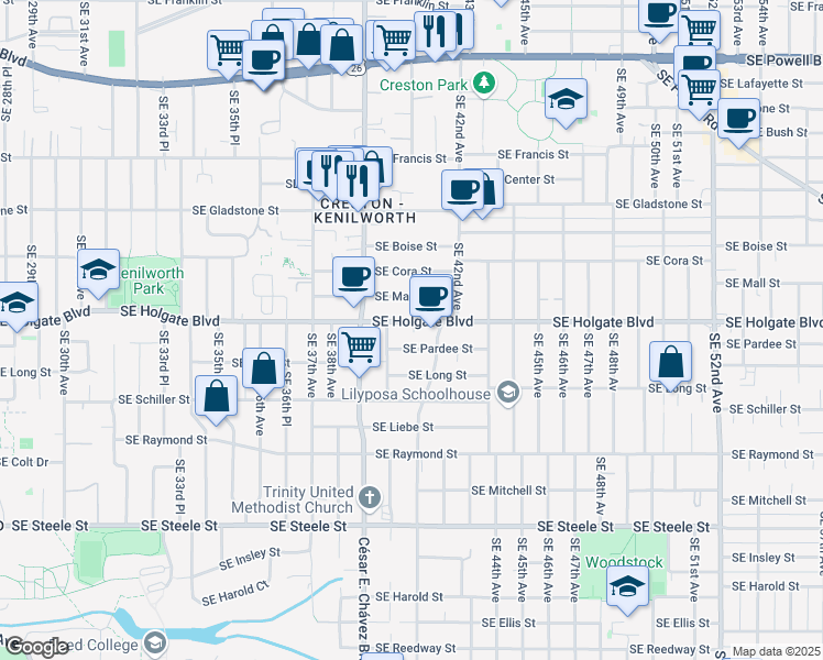 map of restaurants, bars, coffee shops, grocery stores, and more near 4038 Southeast Holgate Boulevard in Portland