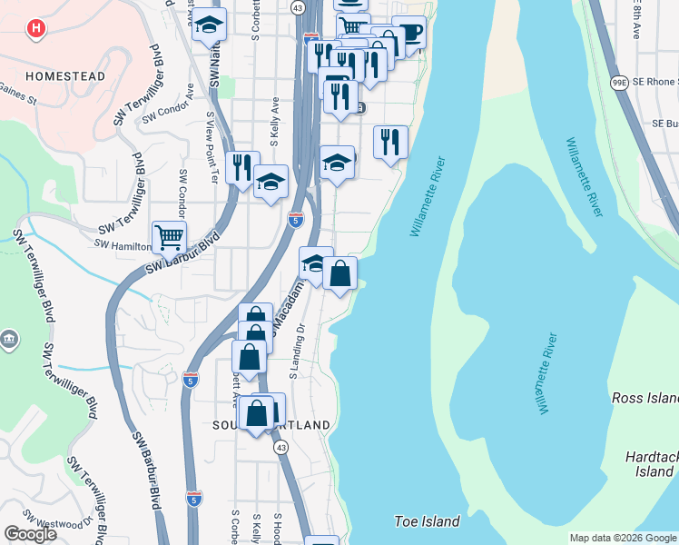 map of restaurants, bars, coffee shops, grocery stores, and more near 0455 Southwest Hamilton Court in Portland