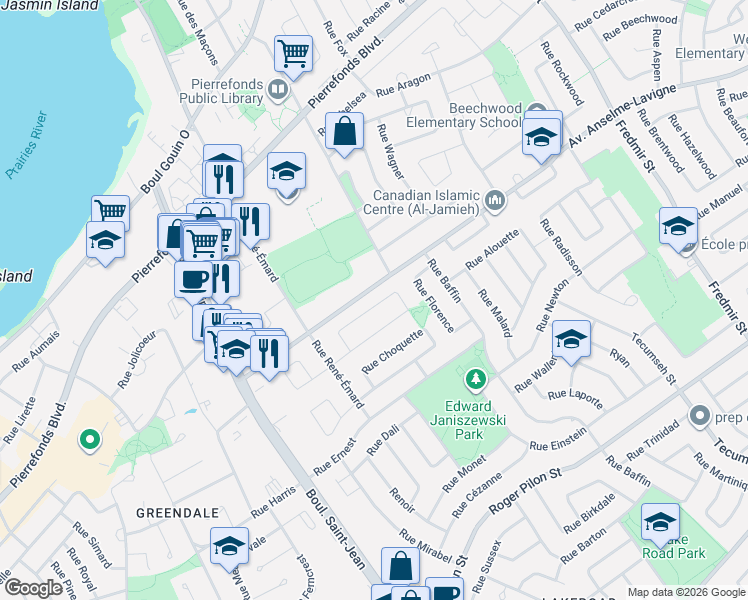 map of restaurants, bars, coffee shops, grocery stores, and more near 138 Rue Stephanie in Dollard-des-Ormeaux
