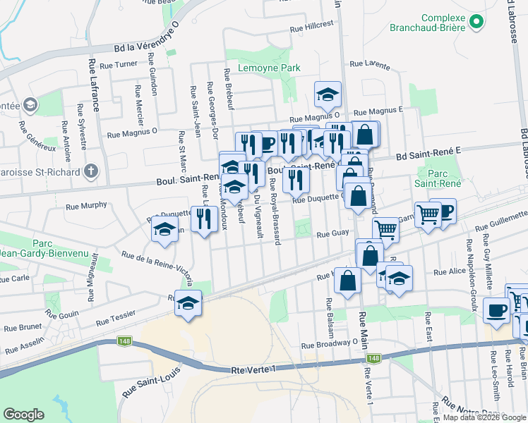 map of restaurants, bars, coffee shops, grocery stores, and more near 360 Rue du Vigneau in Gatineau