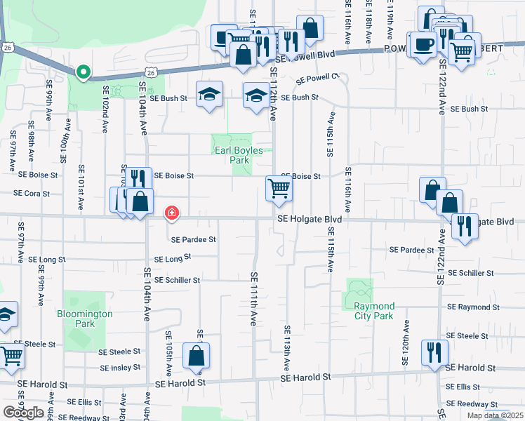 map of restaurants, bars, coffee shops, grocery stores, and more near 11115 Southeast Holgate Boulevard in Portland