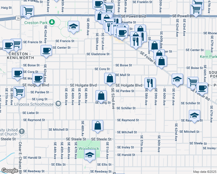 map of restaurants, bars, coffee shops, grocery stores, and more near 4482 Southeast 51st Avenue in Portland