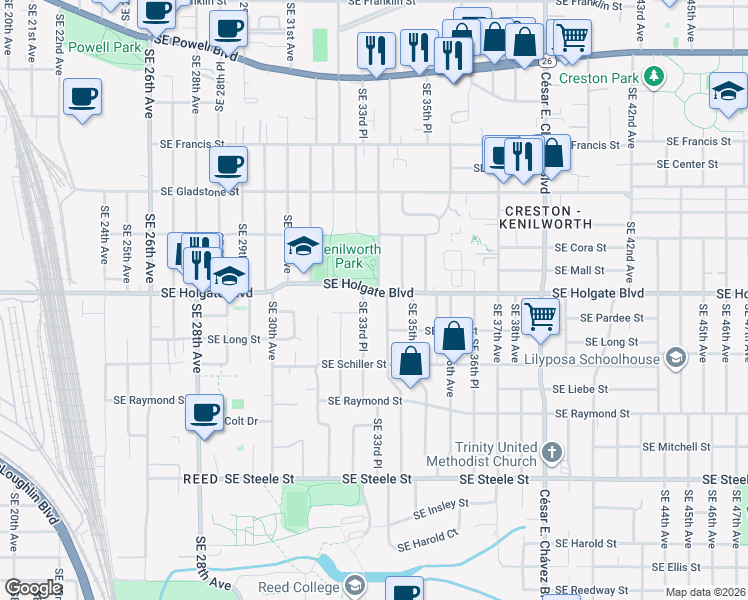 map of restaurants, bars, coffee shops, grocery stores, and more near 3407 Southeast Holgate Boulevard in Portland
