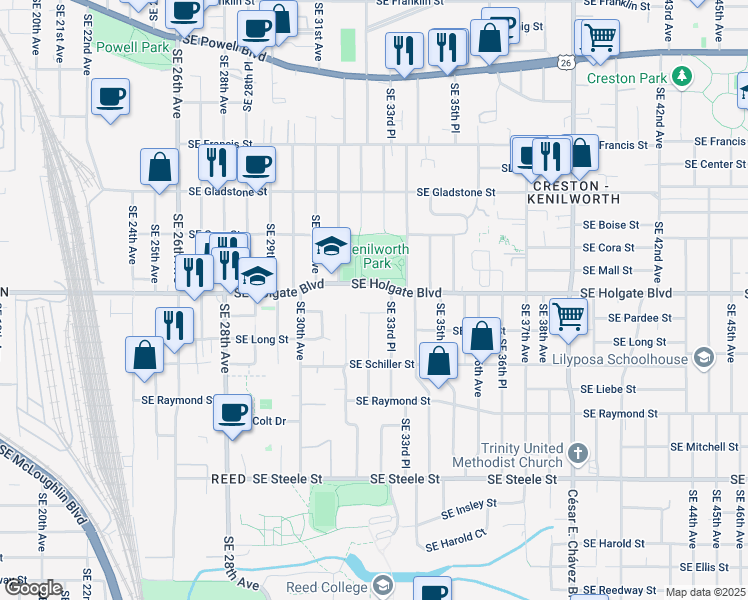 map of restaurants, bars, coffee shops, grocery stores, and more near 3320 Southeast Holgate Boulevard in Portland
