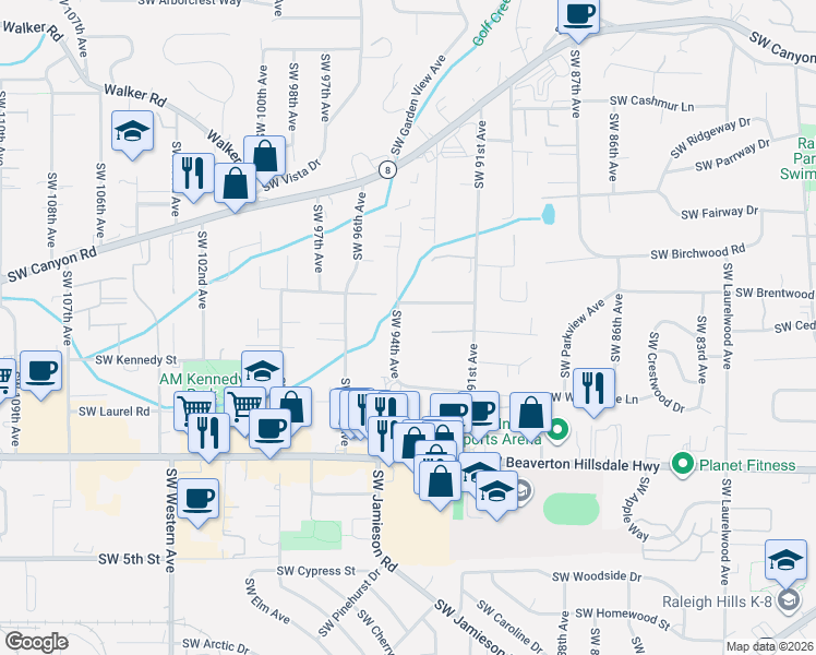 map of restaurants, bars, coffee shops, grocery stores, and more near 9350 Southwest Fir Grove Lane in Portland