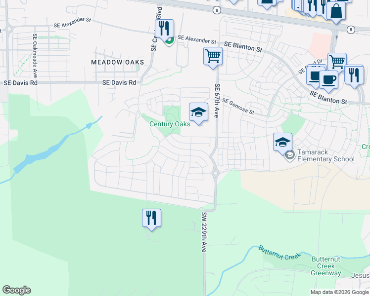 map of restaurants, bars, coffee shops, grocery stores, and more near 4050 Southeast Century Boulevard in Hillsboro