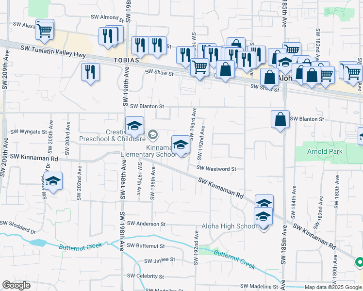 map of restaurants, bars, coffee shops, grocery stores, and more near 4205 Southwest 193rd Avenue in Aloha
