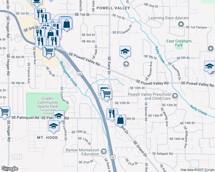 map of restaurants, bars, coffee shops, grocery stores, and more near 925 Southeast Kane Drive in Gresham