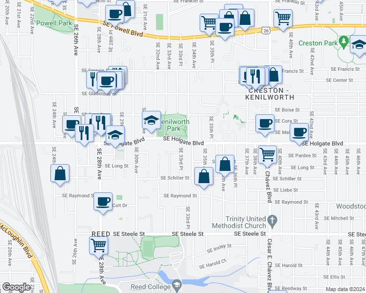 map of restaurants, bars, coffee shops, grocery stores, and more near 4508 Southeast 33rd Place in Portland