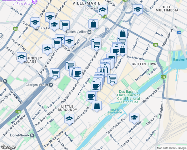 map of restaurants, bars, coffee shops, grocery stores, and more near 595 Rue Richmond in Montréal