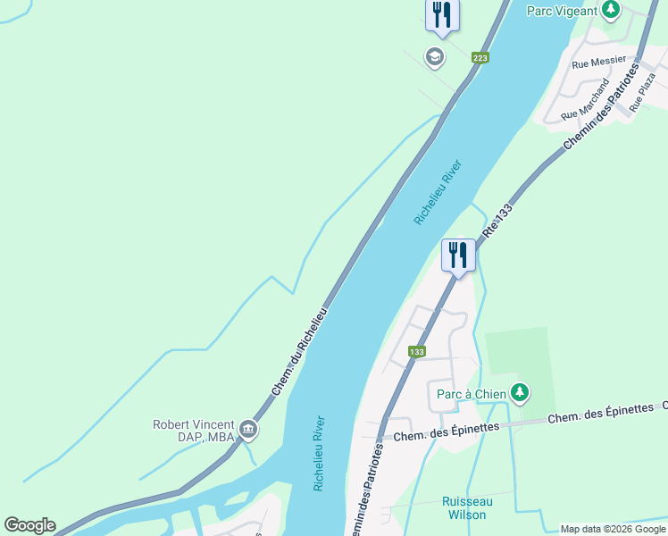 map of restaurants, bars, coffee shops, grocery stores, and more near 309 Chemin du Richelieu in Saint-Basile-le-Grand
