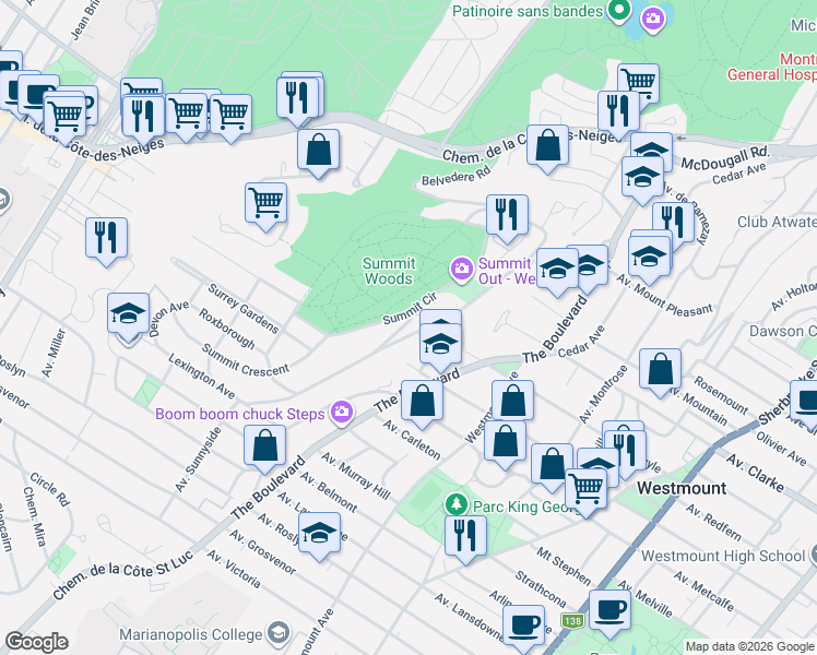map of restaurants, bars, coffee shops, grocery stores, and more near 114 Avenue Upper-Bellevue in Westmount