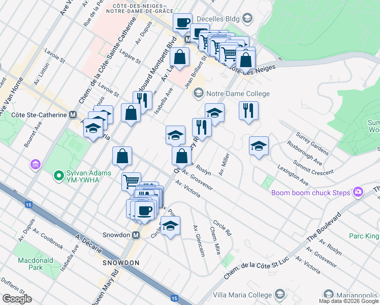 map of restaurants, bars, coffee shops, grocery stores, and more near 4610 Queen Mary Road in Montreal