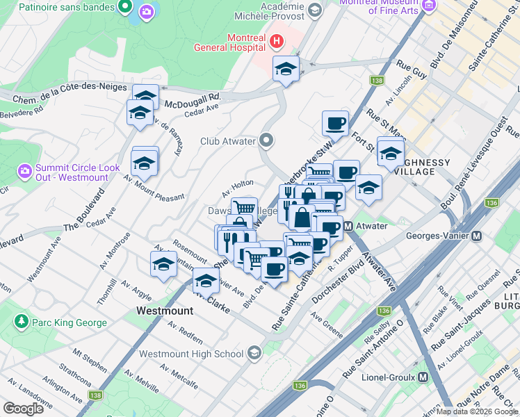 map of restaurants, bars, coffee shops, grocery stores, and more near 3055 Sherbrooke Street West in Westmount