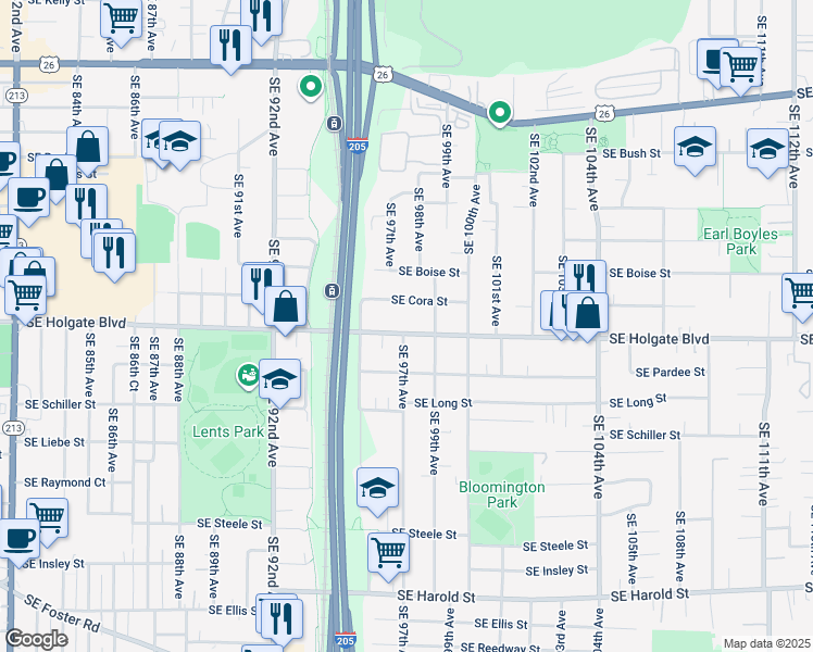 map of restaurants, bars, coffee shops, grocery stores, and more near 9809 Southeast Holgate Boulevard in Portland