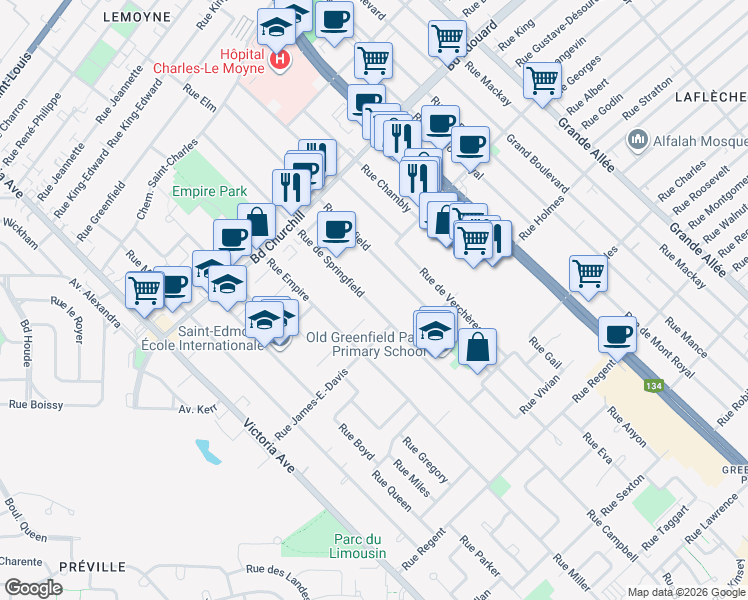 map of restaurants, bars, coffee shops, grocery stores, and more near 382 Rue de Springfield in Longueuil