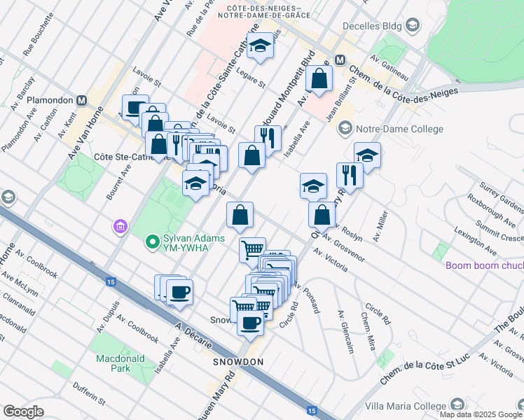 map of restaurants, bars, coffee shops, grocery stores, and more near 5275 Avenue Victoria in Montréal