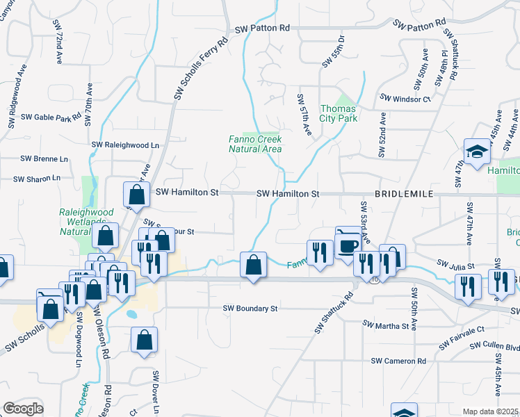 map of restaurants, bars, coffee shops, grocery stores, and more near 4540 Southwest 59th Avenue in Portland