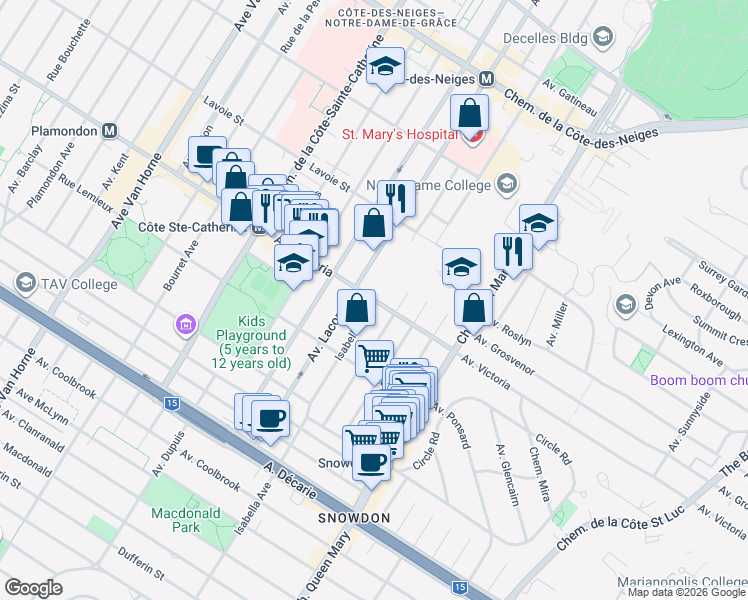map of restaurants, bars, coffee shops, grocery stores, and more near Avenue Victoria in Montréal