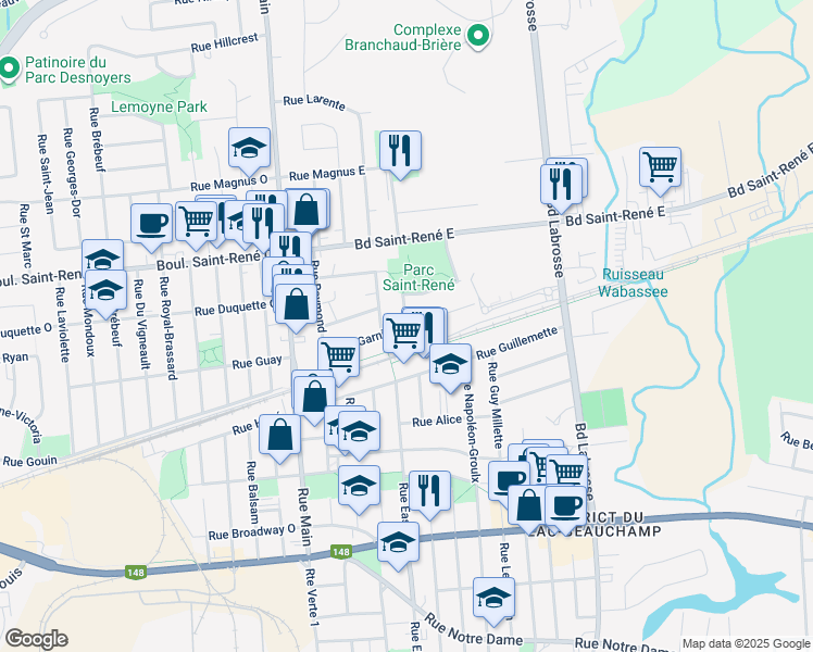 map of restaurants, bars, coffee shops, grocery stores, and more near Rue Garnier in Gatineau