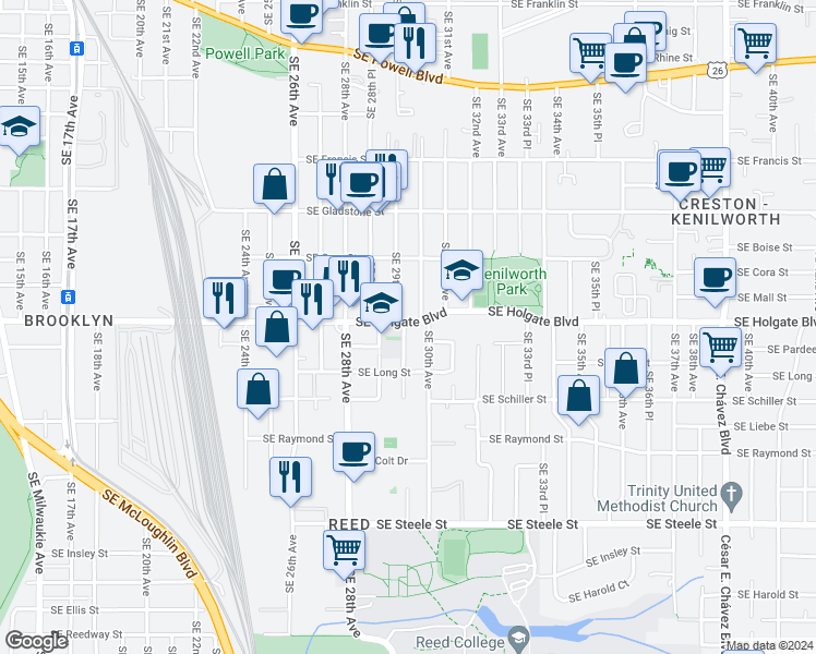 map of restaurants, bars, coffee shops, grocery stores, and more near 2904 Southeast Holgate Boulevard in Portland