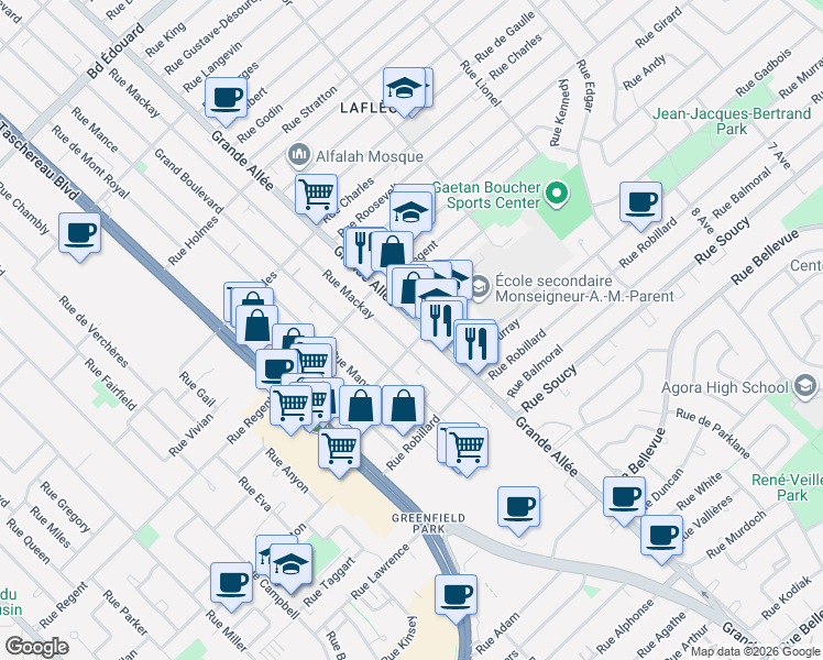 map of restaurants, bars, coffee shops, grocery stores, and more near 3852 Grande Allée in Longueuil