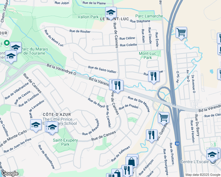 map of restaurants, bars, coffee shops, grocery stores, and more near 227 Rue de Canadel in Gatineau