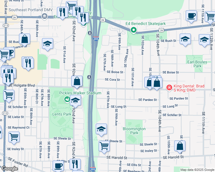 map of restaurants, bars, coffee shops, grocery stores, and more near 9741 Southeast Holgate Boulevard in Portland