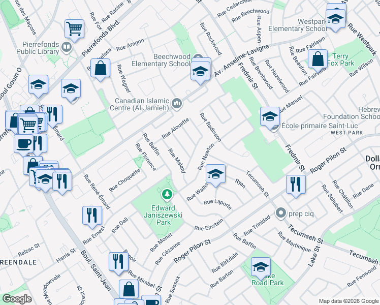 map of restaurants, bars, coffee shops, grocery stores, and more near 5 Rue Finch in Dollard-des-Ormeaux