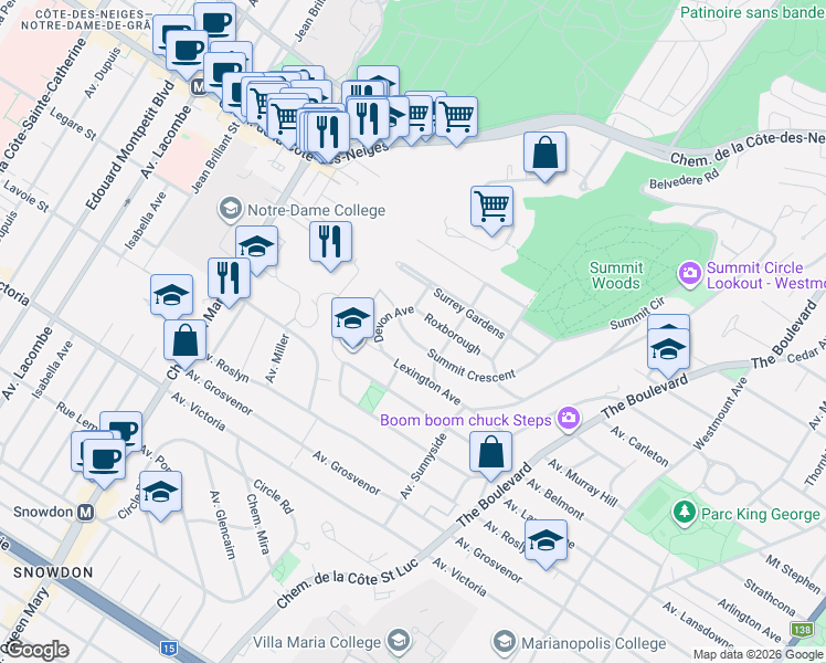 map of restaurants, bars, coffee shops, grocery stores, and more near 91 Summit Croissant in Westmount