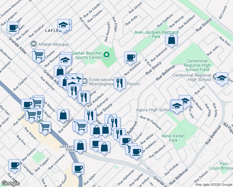 map of restaurants, bars, coffee shops, grocery stores, and more near 1678 Rue Balmoral in Longueuil