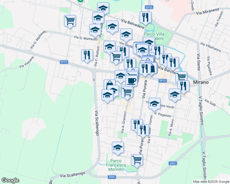 map of restaurants, bars, coffee shops, grocery stores, and more near 16B Via Torino in Mirano
