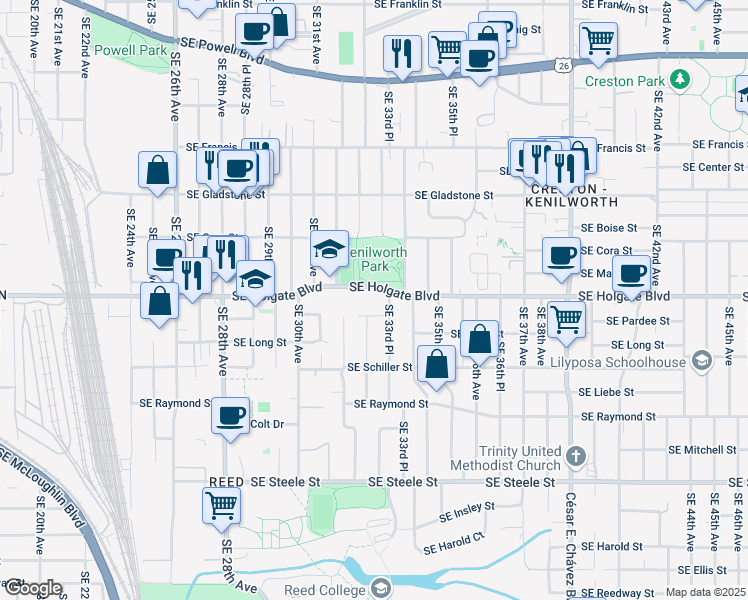 map of restaurants, bars, coffee shops, grocery stores, and more near 3320 Southeast Holgate Boulevard in Portland