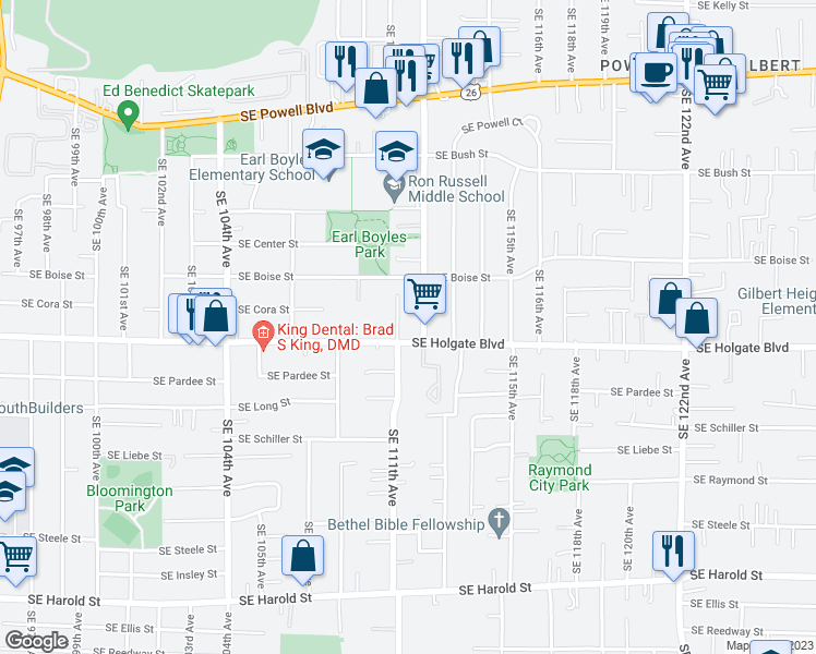 map of restaurants, bars, coffee shops, grocery stores, and more near 11115 Southeast Holgate Boulevard in Portland