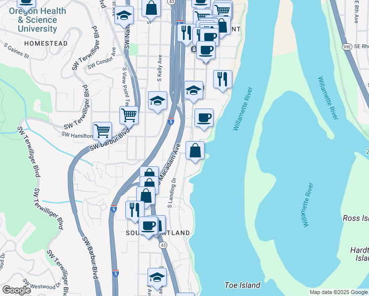 map of restaurants, bars, coffee shops, grocery stores, and more near 4630 South Macadam Avenue in Portland