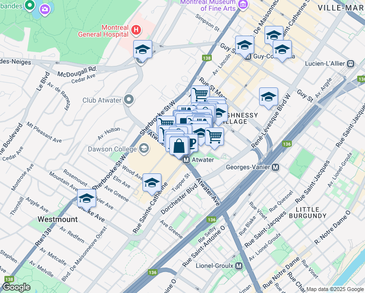 map of restaurants, bars, coffee shops, grocery stores, and more near in Montreal
